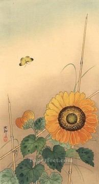 Flores Painting - pequeña mariposa y girasol decoración floral Ohara Koson